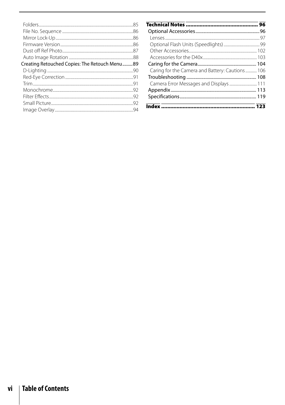 Vi table of contents | Nikon D40X User Manual | Page 8 / 139