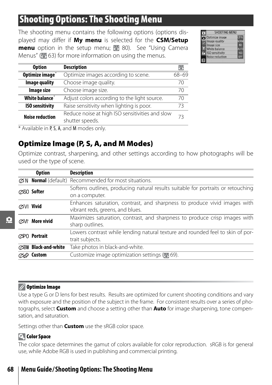 Shooting options: the shooting menu, Optimize image (p, s, a, and m modes), 68 menu guide/shooting options: the shooting menu | Nikon D40X User Manual | Page 80 / 139