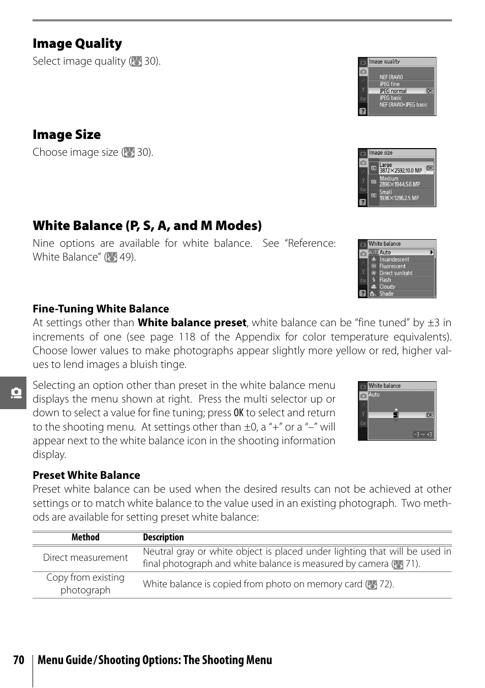Image quality, Image size, White balance (p, s, a, and m modes) | 70 menu guide/shooting options: the shooting menu | Nikon D40X User Manual | Page 82 / 139