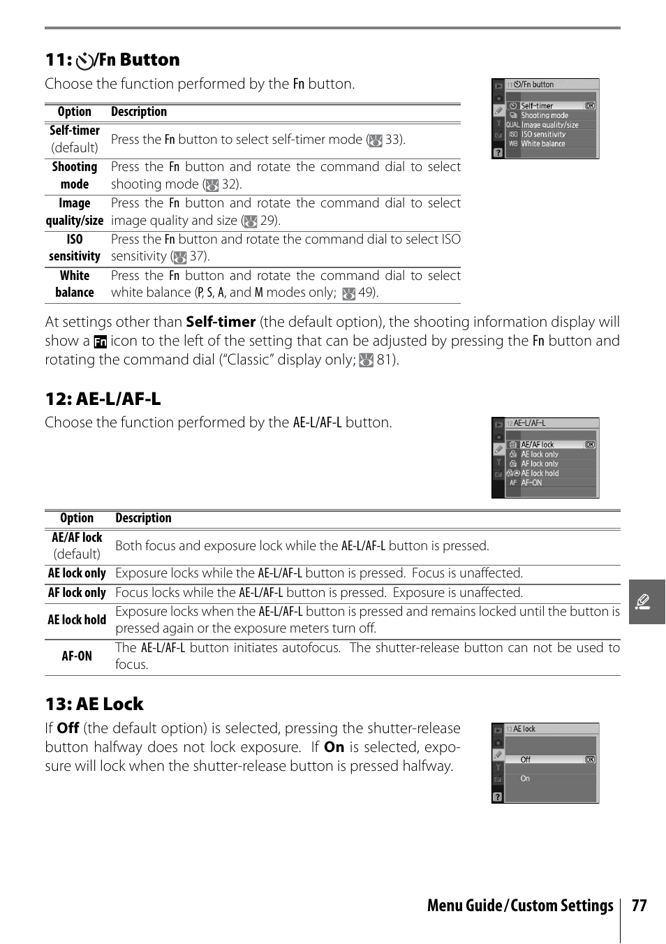 /fn button, Ae-l/af-l, Ae lock | Menu guide/custom settings 77 | Nikon D40X User Manual | Page 89 / 139