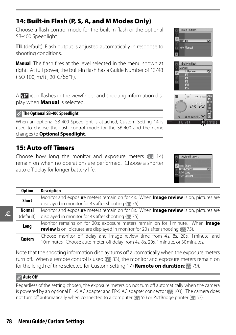Built-in flash (p, s, a, and m modes only), Auto off timers, 78 menu guide/custom settings | Nikon D40X User Manual | Page 90 / 139