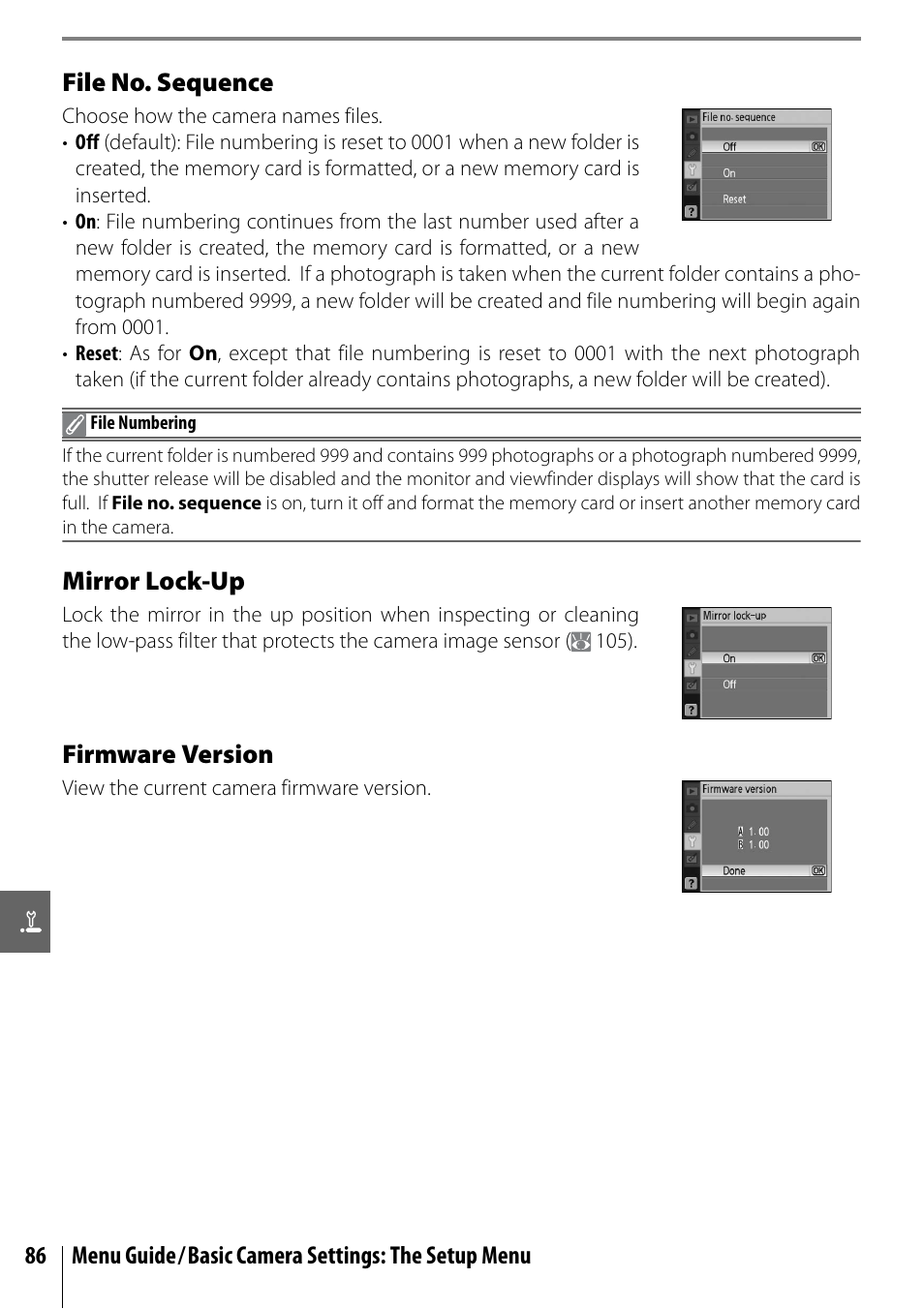 File no. sequence, Mirror lock-up, Firmware version | Nikon D40X User Manual | Page 98 / 139