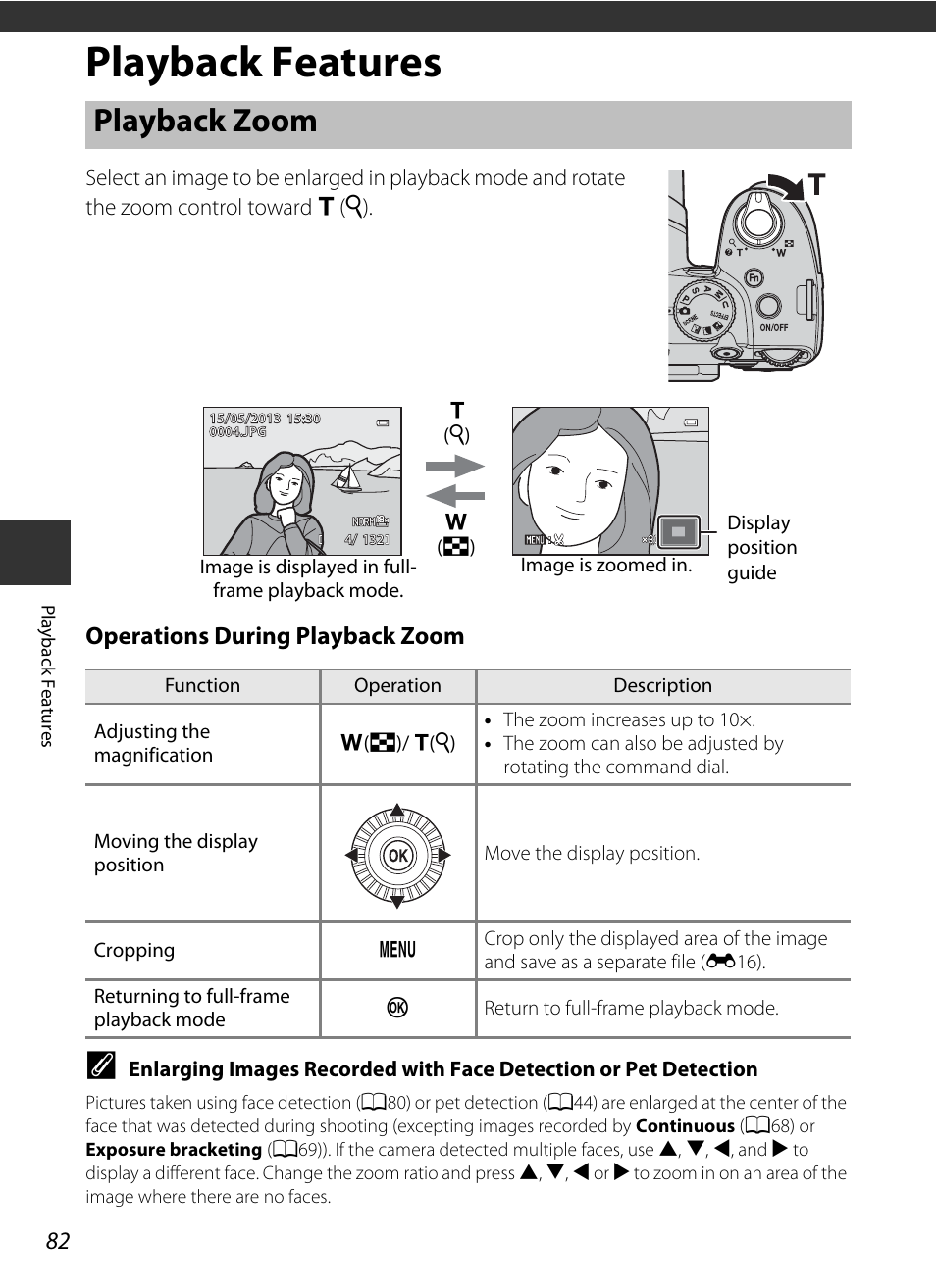 Playback features, Playback zoom, A82) | Operations during playback zoom | Nikon P520 User Manual | Page 100 / 244