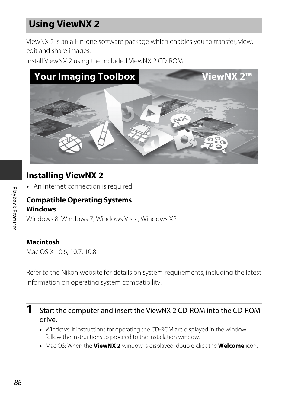 Using viewnx 2, Installing viewnx 2, A88) | Your imaging toolbox viewnx 2 | Nikon P520 User Manual | Page 106 / 244