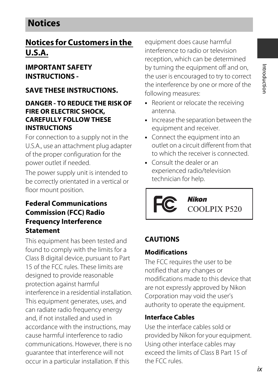 Notices, Notices for customers in the u.s.a | Nikon P520 User Manual | Page 11 / 244