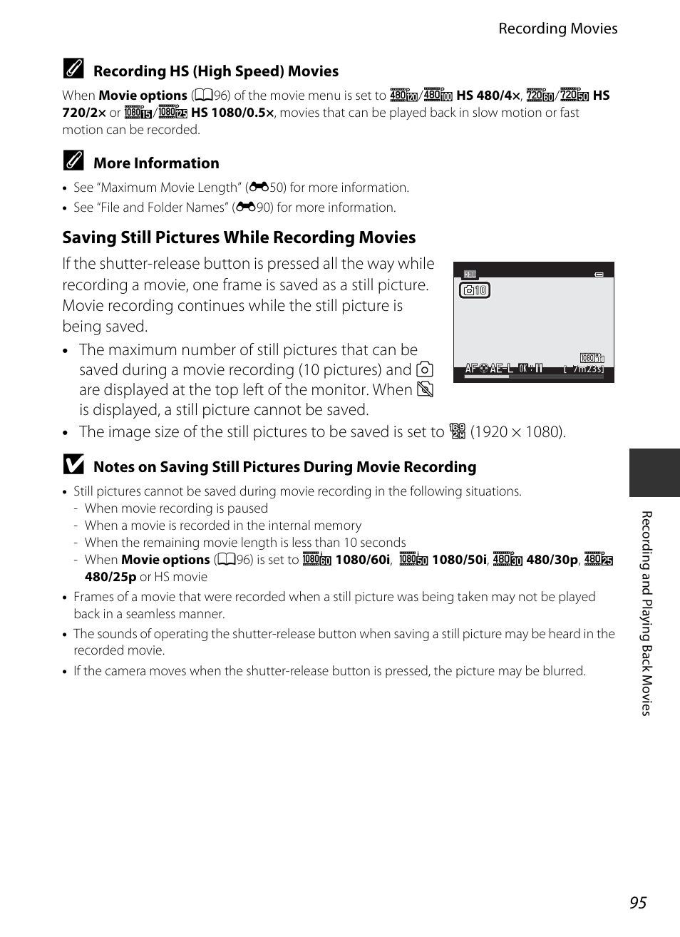 Saving still pictures while recording movies | Nikon P520 User Manual | Page 113 / 244