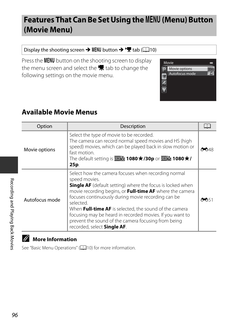 Available movie menus, Features that can be set using the, D (menu) button (movie menu) | A96), A96) se, A96) of the, A96) i | Nikon P520 User Manual | Page 114 / 244