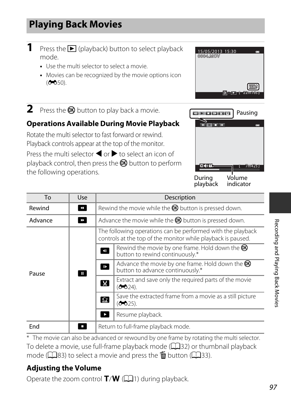 Playing back movies, Operations available during movie playback, Adjusting the volume | Nikon P520 User Manual | Page 115 / 244