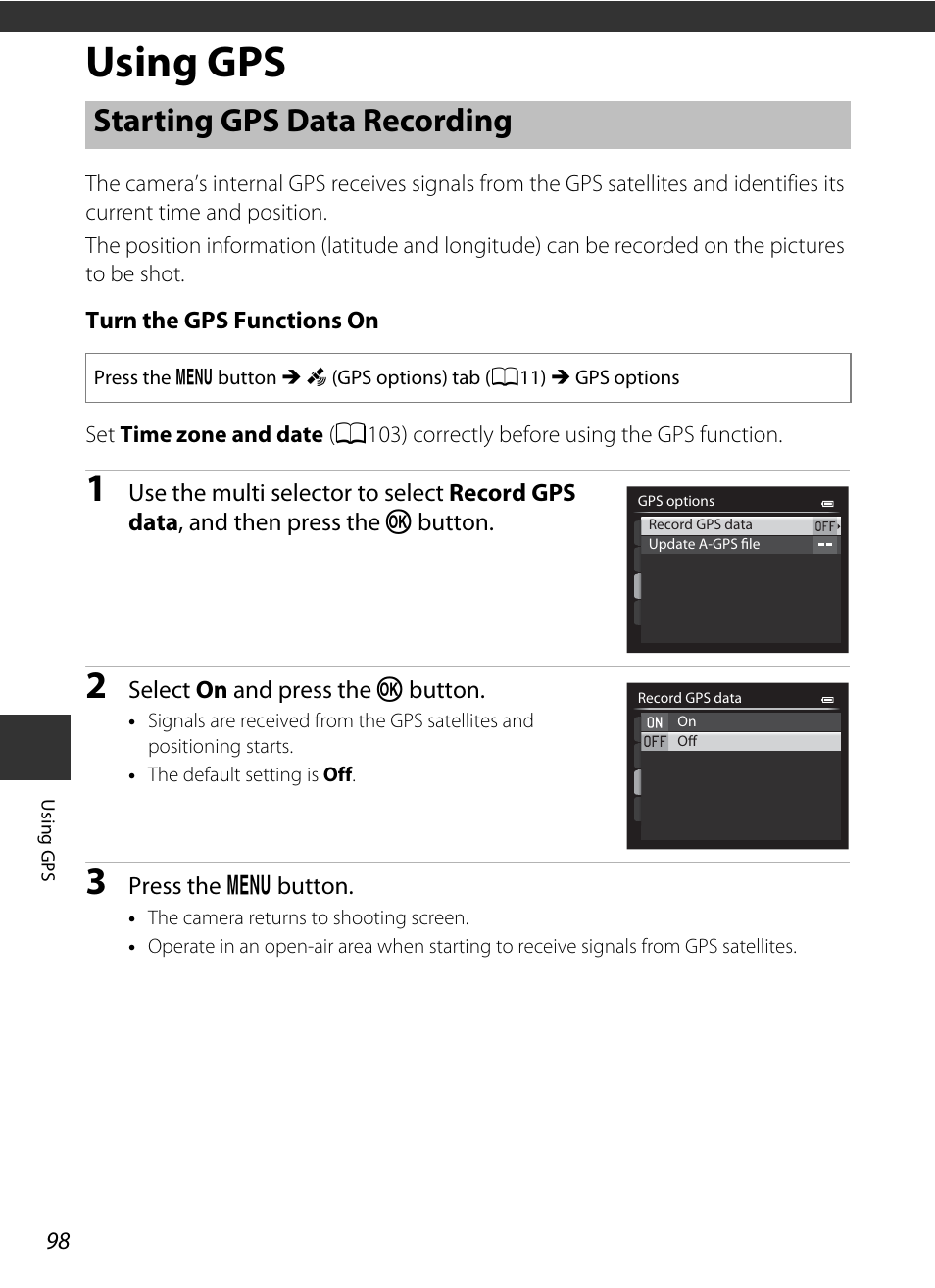 Using gps, Starting gps data recording, A98) | Nikon P520 User Manual | Page 116 / 244