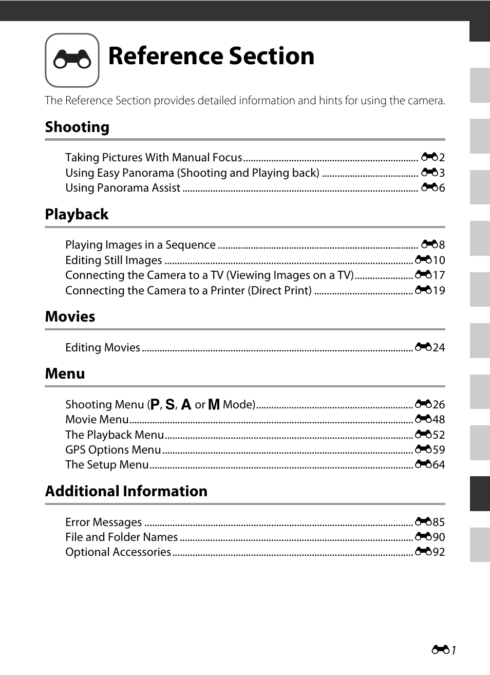 Reference section, Shooting, Playback | Movies, Menu, Additional information | Nikon P520 User Manual | Page 125 / 244