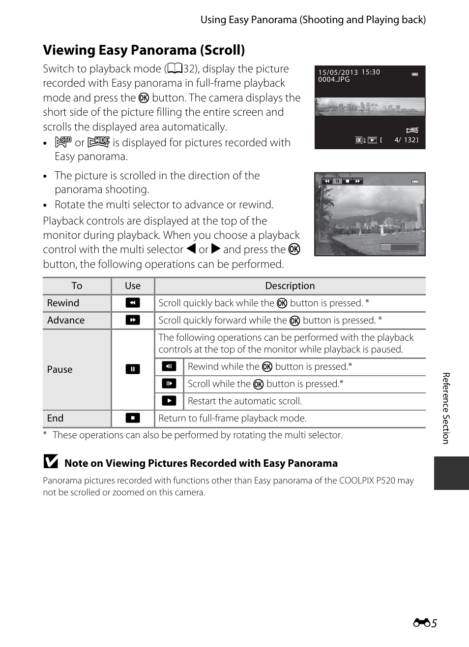 Viewing easy panorama (scroll) | Nikon P520 User Manual | Page 129 / 244