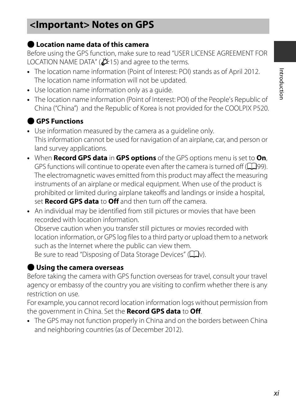 Important> notes on gps | Nikon P520 User Manual | Page 13 / 244