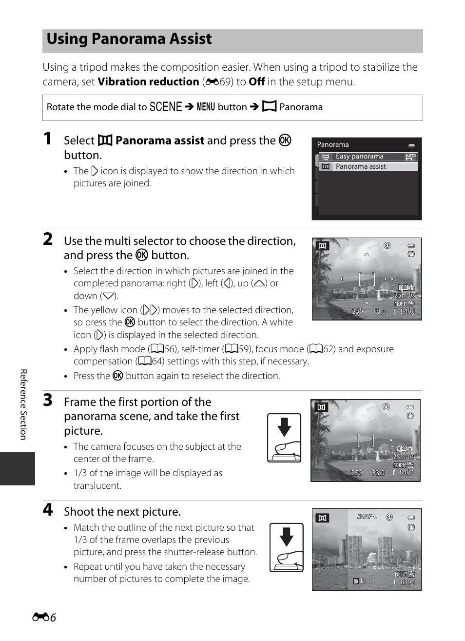 Using panorama assist, Select u panorama assist and press the k button, Shoot the next picture | Nikon P520 User Manual | Page 130 / 244