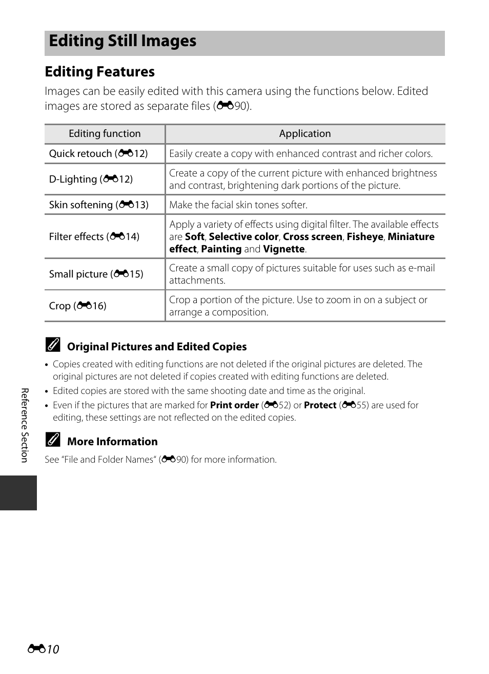 Editing still images, Editing features, E10) and “the playb | E 10 | Nikon P520 User Manual | Page 134 / 244