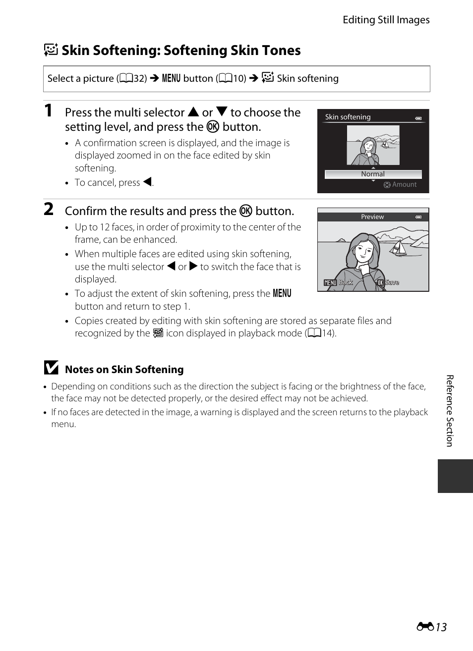 Skin softening: softening skin tones, E skin softening: softening skin tones, E 13 | Confirm the results and press the k button | Nikon P520 User Manual | Page 137 / 244