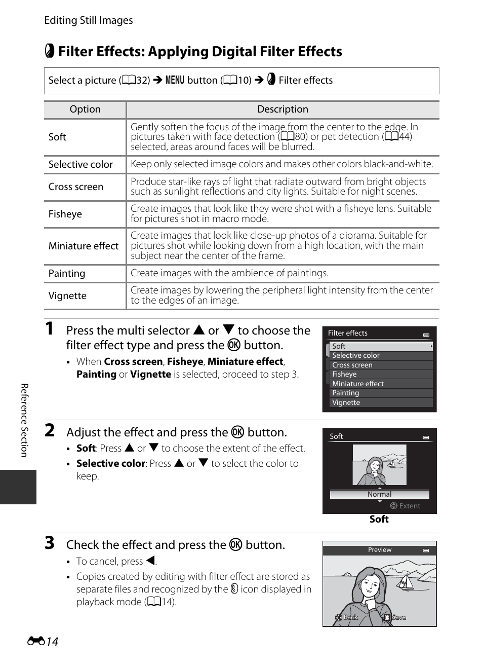 Filter effects: applying digital filter effects, P filter effects: applying digital filter effects, E14) | E 14, Adjust the effect and press the k button, Check the effect and press the k button | Nikon P520 User Manual | Page 138 / 244