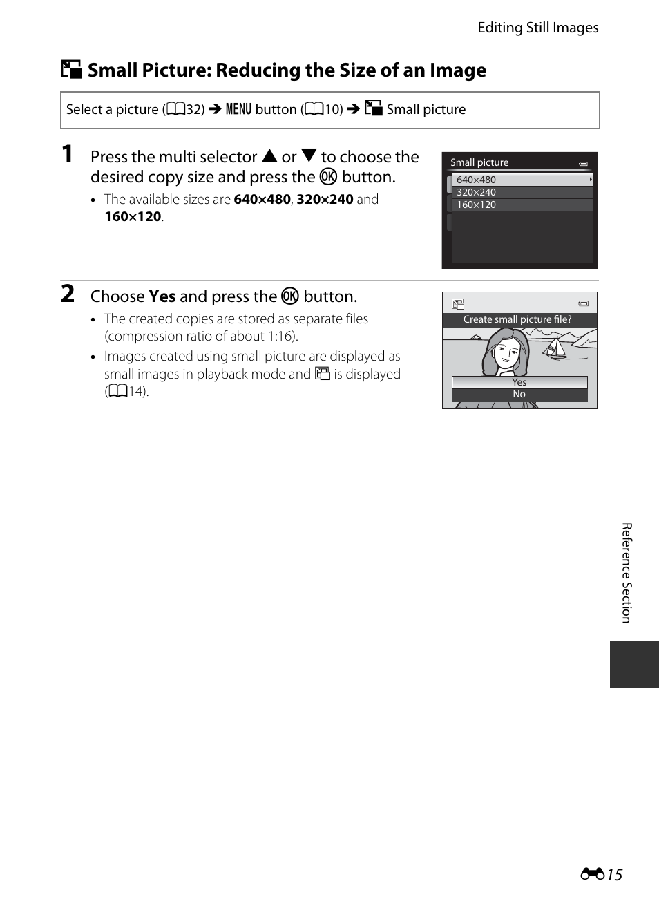 Small picture: reducing the size of an image, G small picture: reducing the size of an image, E 15 | Choose yes and press the k button | Nikon P520 User Manual | Page 139 / 244