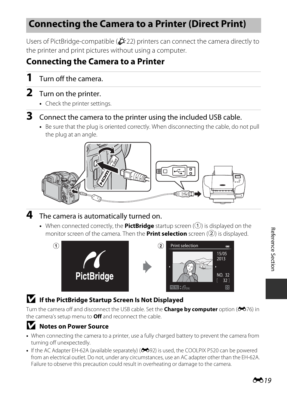 Connecting the camera to a printer (direct print), Connecting the camera to a printer | Nikon P520 User Manual | Page 143 / 244