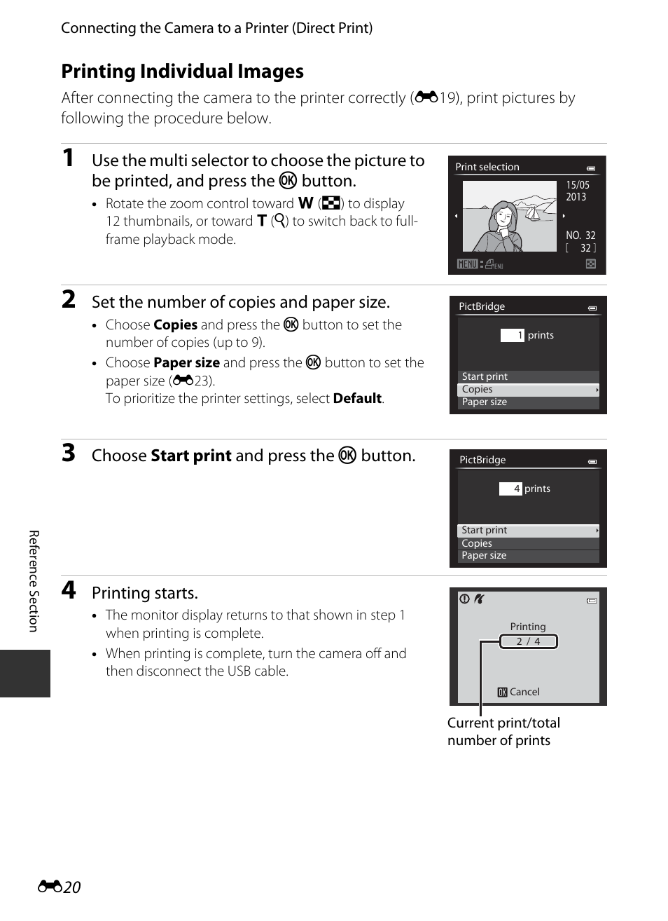 Printing individual images, E20), E 20 | Set the number of copies and paper size, Choose start print and press the k button, Printing starts | Nikon P520 User Manual | Page 144 / 244