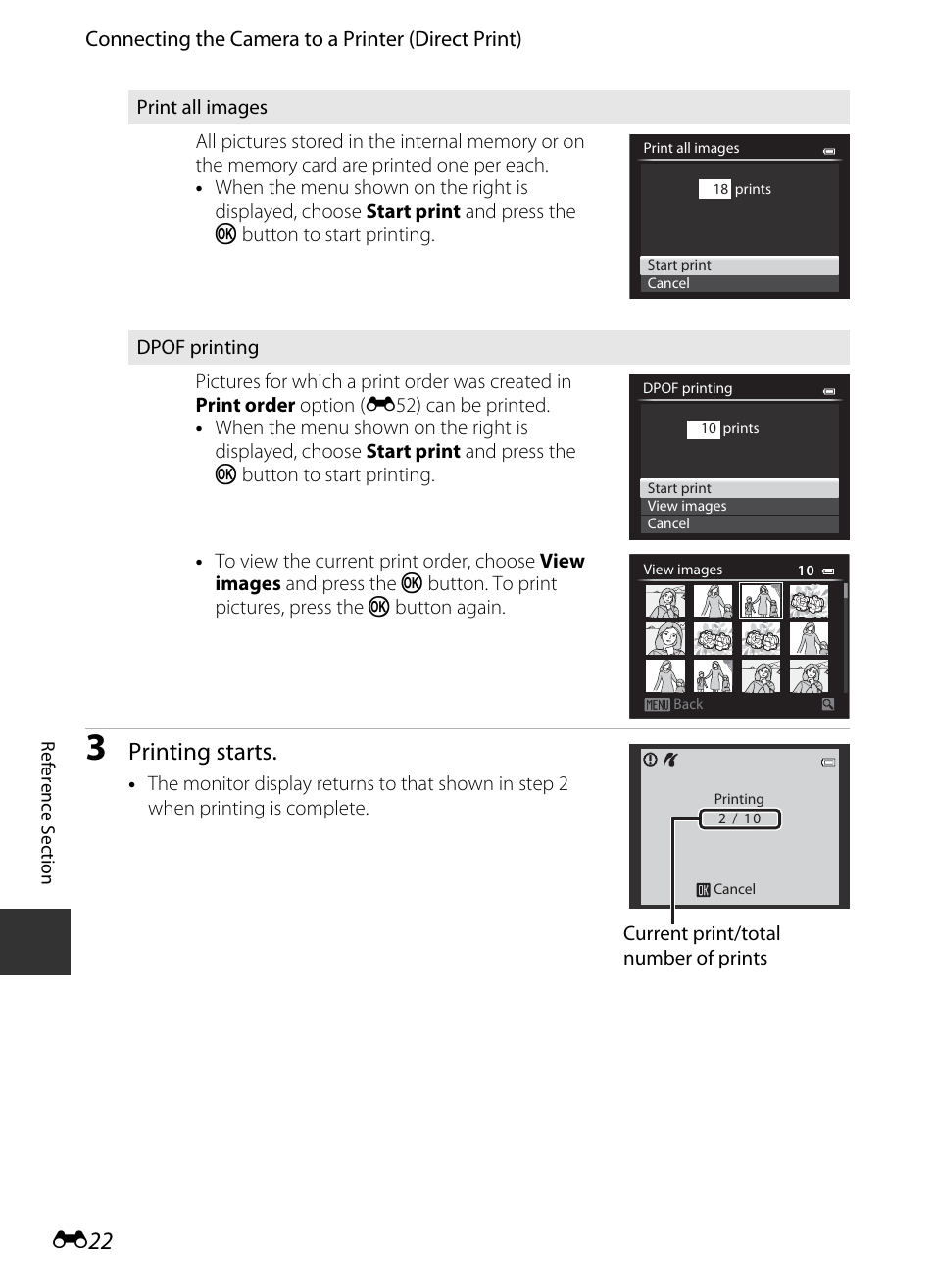 E 22, Printing starts | Nikon P520 User Manual | Page 146 / 244