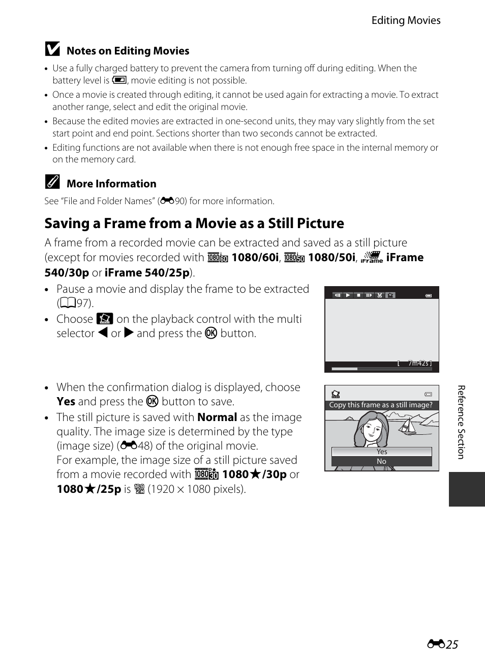 Saving a frame from a movie as a still picture, E25), E 25 | Nikon P520 User Manual | Page 149 / 244