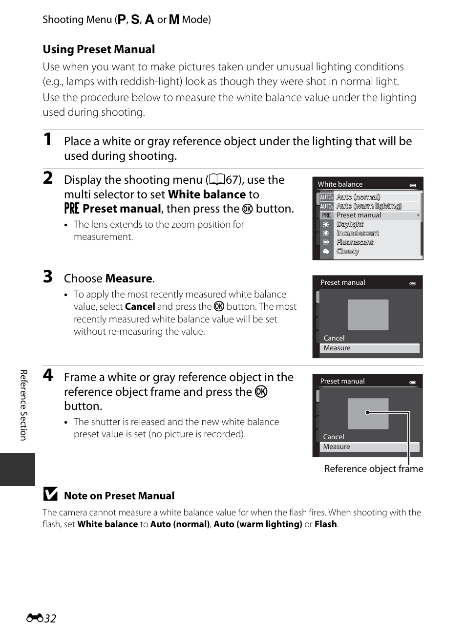 Using preset manual, E32), E 32 | Button, Choose measure | Nikon P520 User Manual | Page 156 / 244