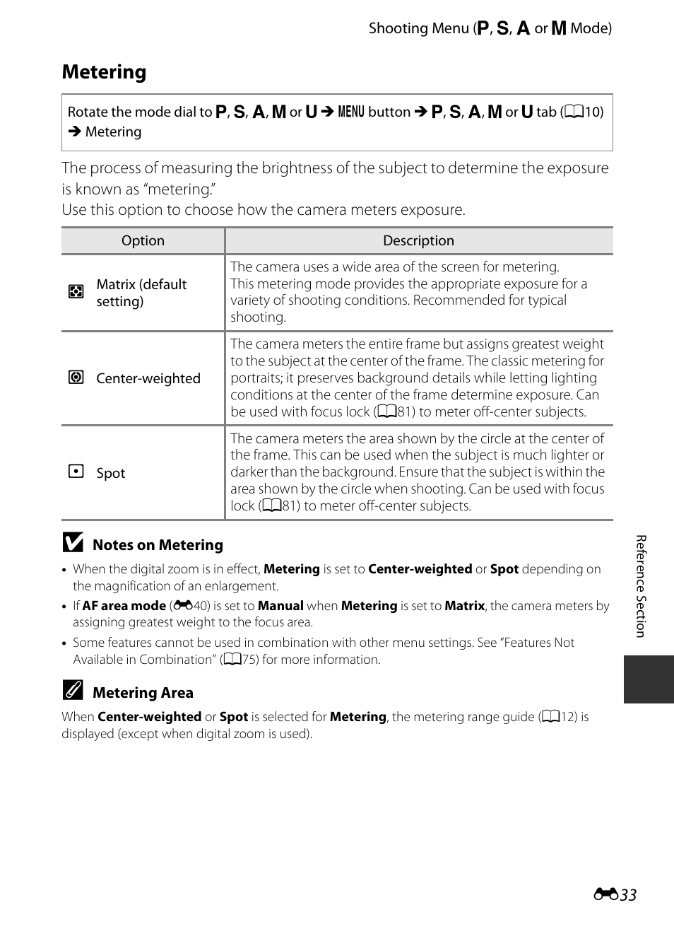 Metering, E 33 | Nikon P520 User Manual | Page 157 / 244