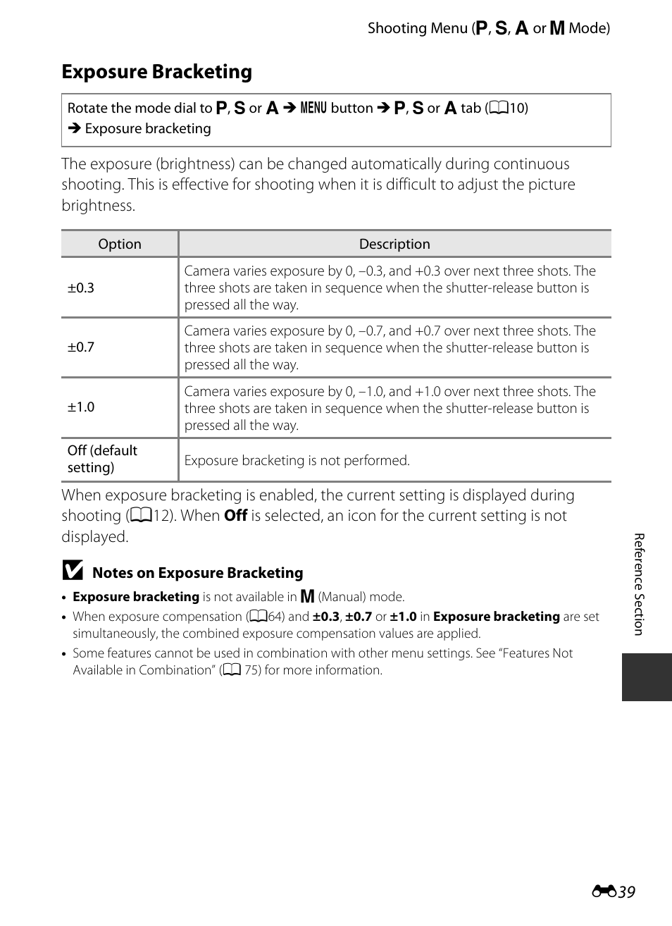 Exposure bracketing, E 39 | Nikon P520 User Manual | Page 163 / 244