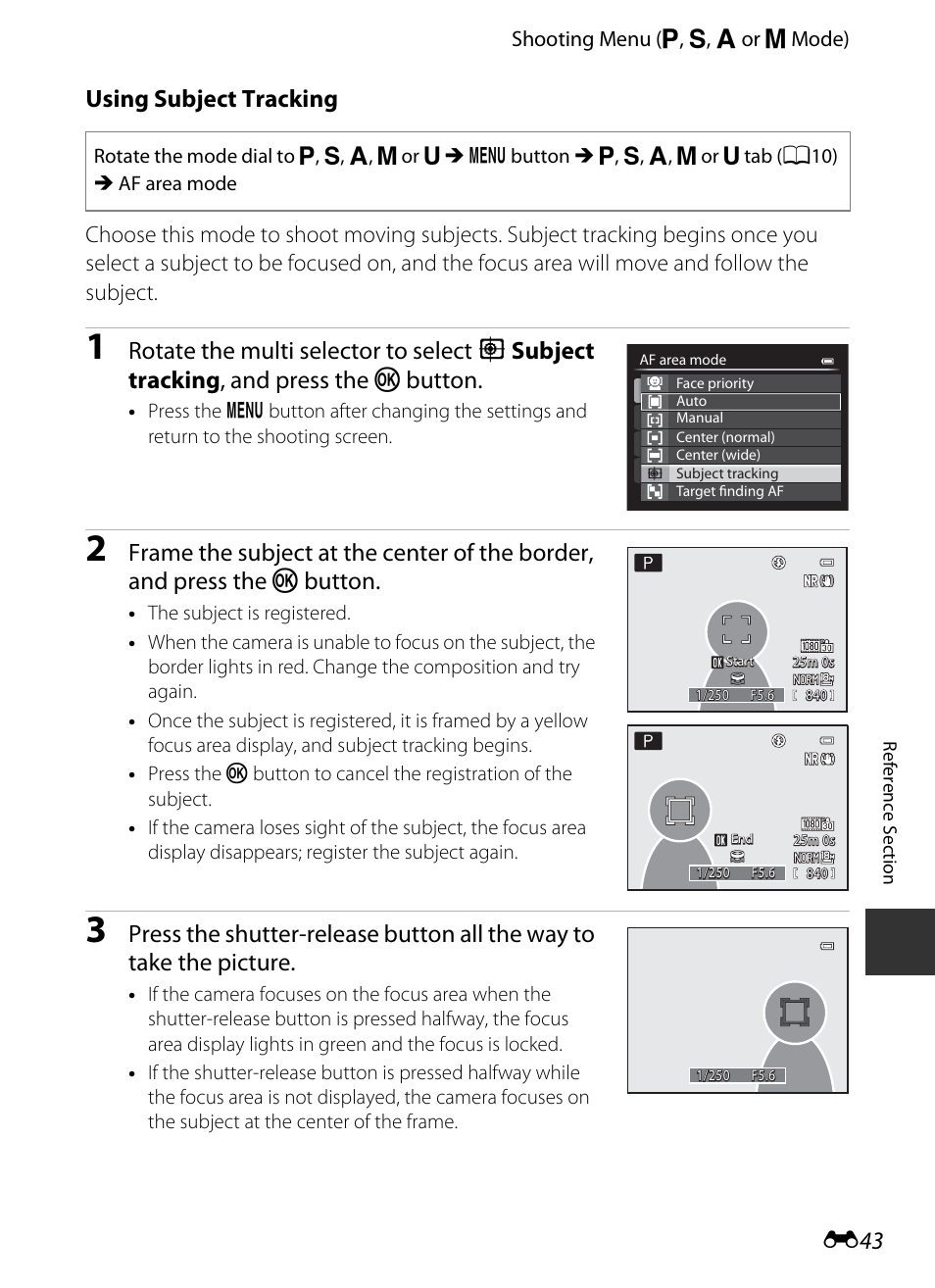 Using subject tracking, E43), E 43 | Nikon P520 User Manual | Page 167 / 244