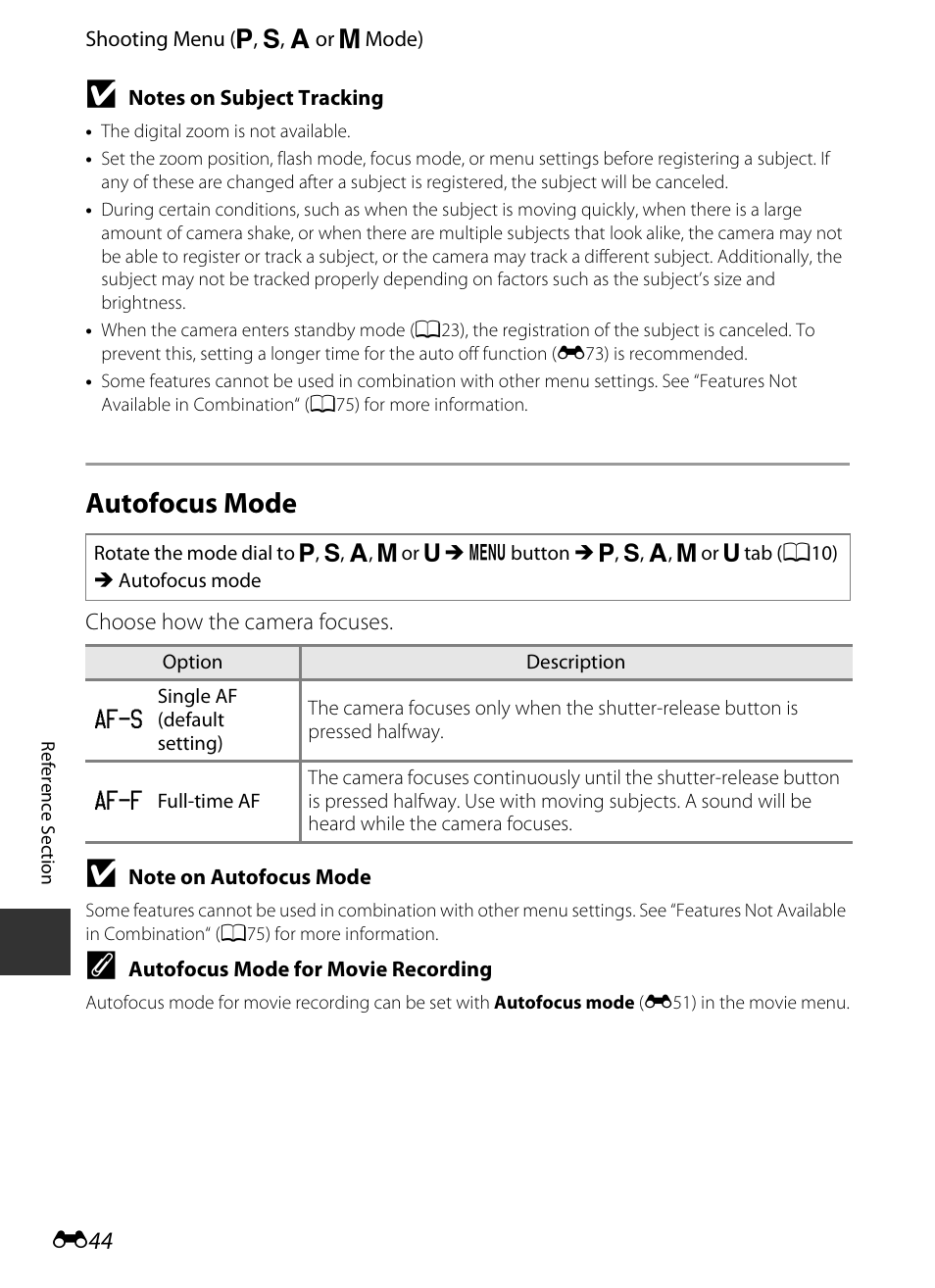 Autofocus mode, E 44 | Nikon P520 User Manual | Page 168 / 244