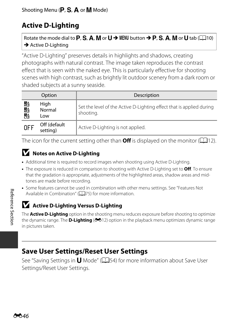 Active d-lighting, Save user settings/reset user settings, E 46 | Nikon P520 User Manual | Page 170 / 244