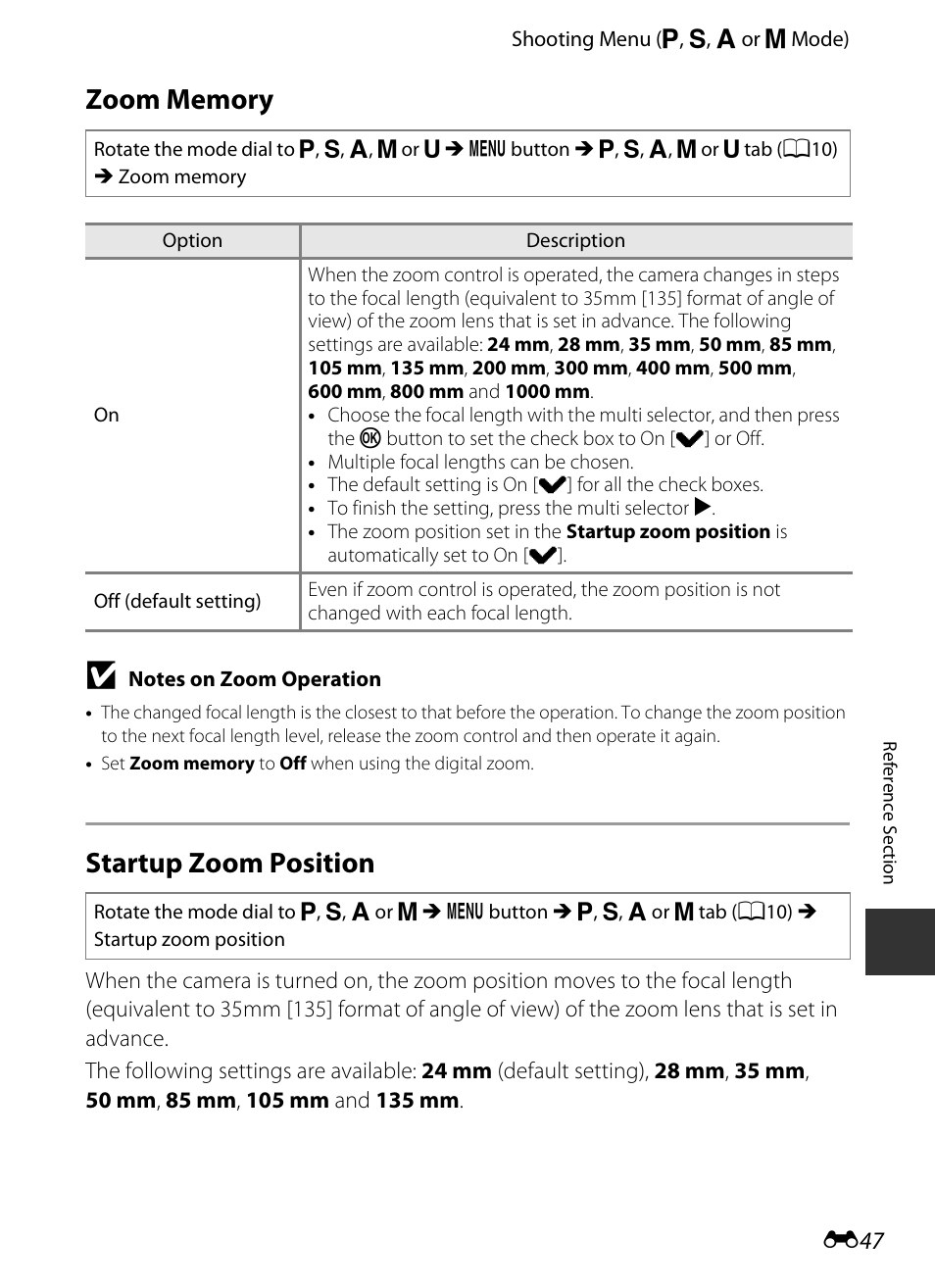 Zoom memory, Startup zoom position, E 47 | Nikon P520 User Manual | Page 171 / 244