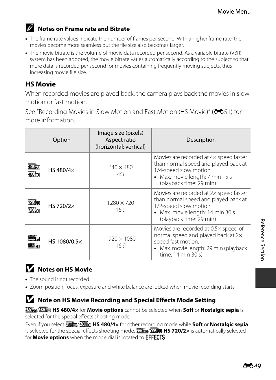 E49), E 49, Hs movie | Nikon P520 User Manual | Page 173 / 244