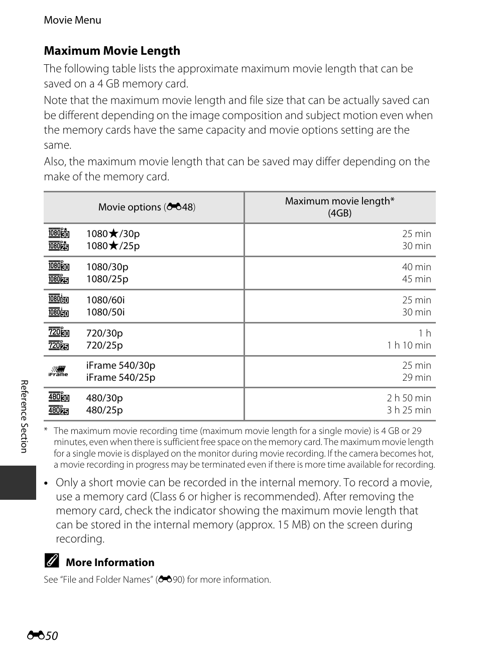 Maximum movie length, E50), E 50 | Nikon P520 User Manual | Page 174 / 244