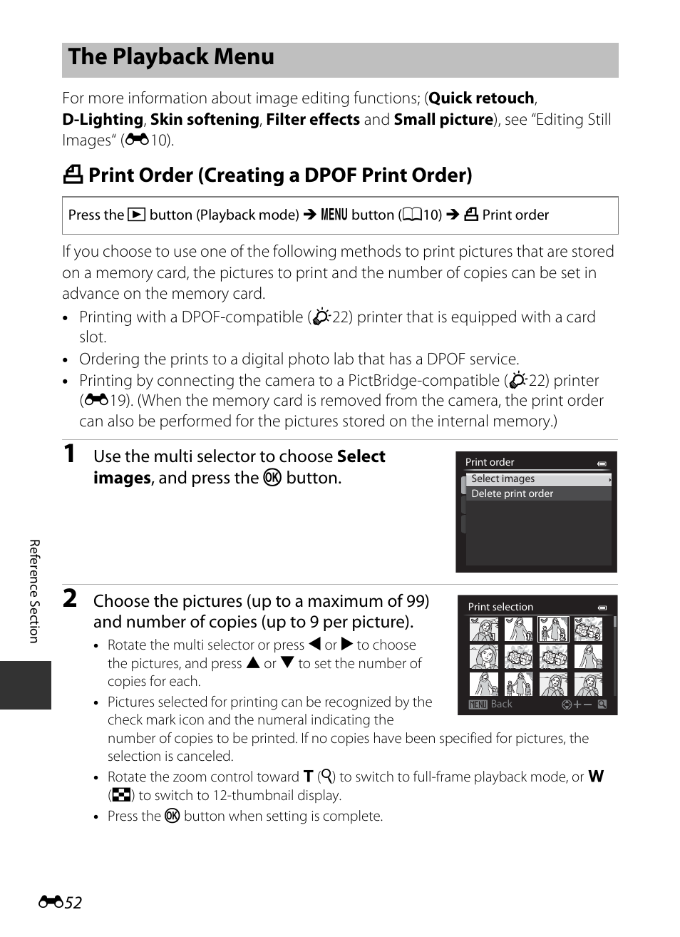 The playback menu, Print order (creating a dpof print order), A print order (creating a dpof print order) | Ack menu” (e52, E52), E52) or, E 52 | Nikon P520 User Manual | Page 176 / 244