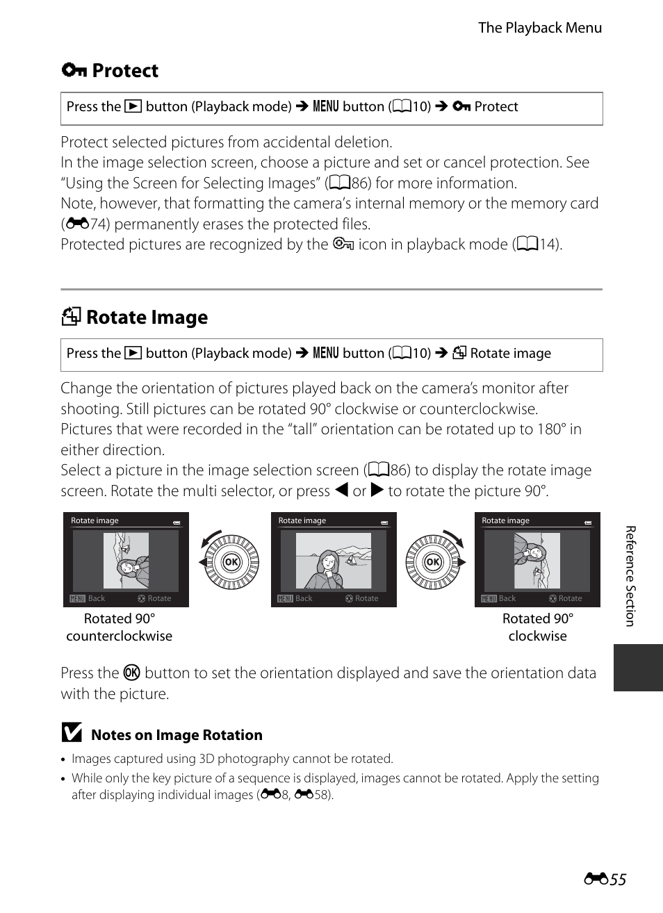 Protect, Rotate image, D protect | F rotate image, E55), E55) ar, E 55 | Nikon P520 User Manual | Page 179 / 244