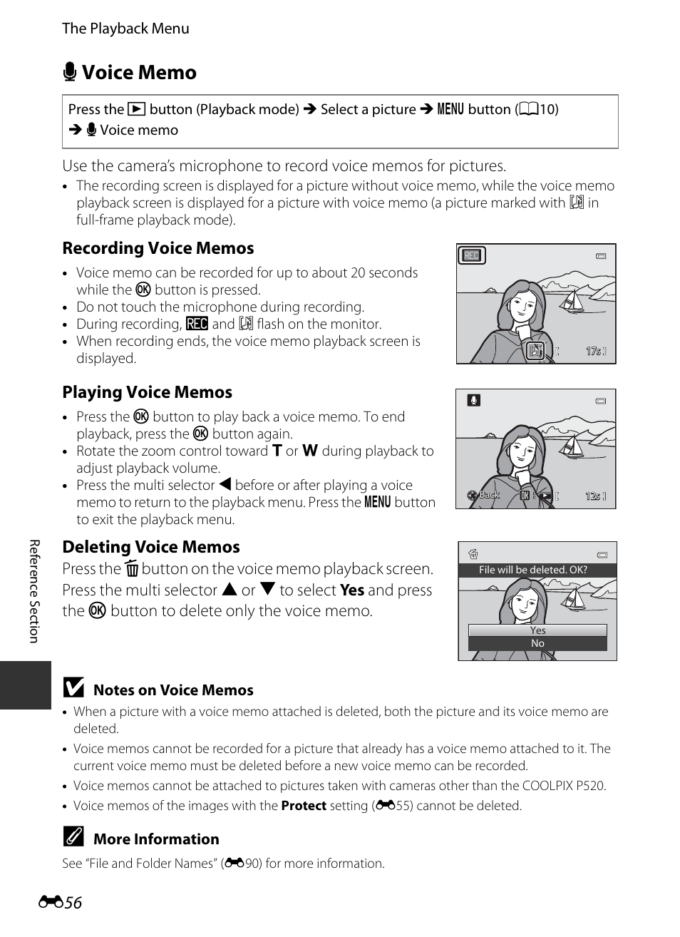 Voice memo, E 56 | Nikon P520 User Manual | Page 180 / 244