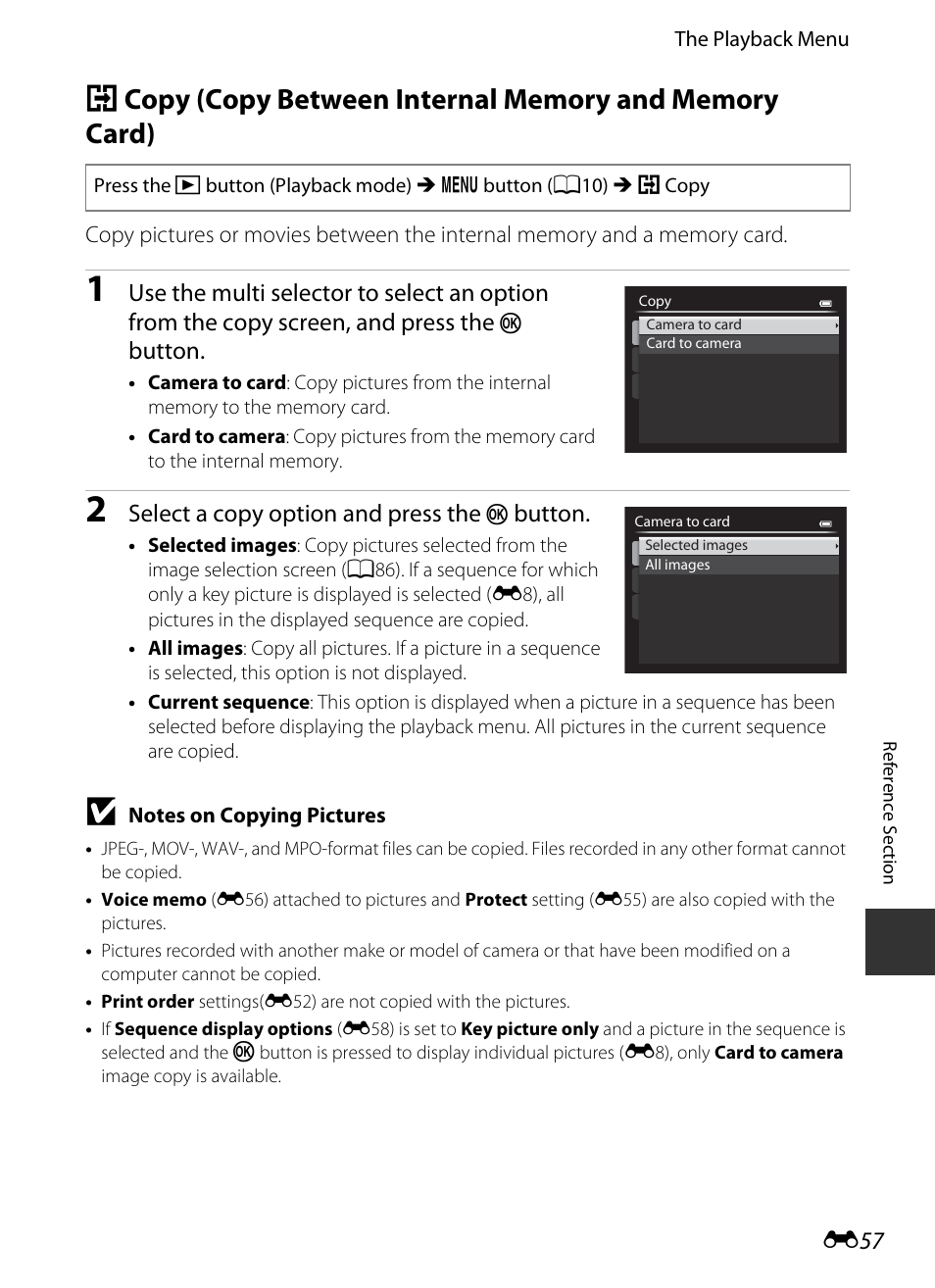 E 57, Button, Select a copy option and press the | Nikon P520 User Manual | Page 181 / 244