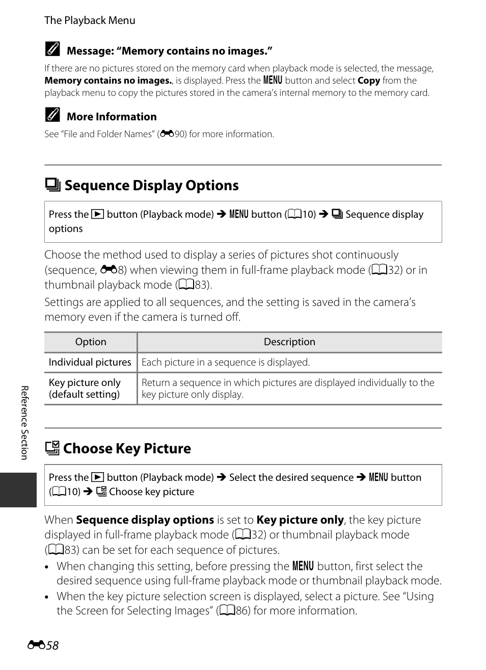 Sequence display options, Choose key picture, C sequence display options | X choose key picture, E58), 58) i, E58) to, E58) i | Nikon P520 User Manual | Page 182 / 244