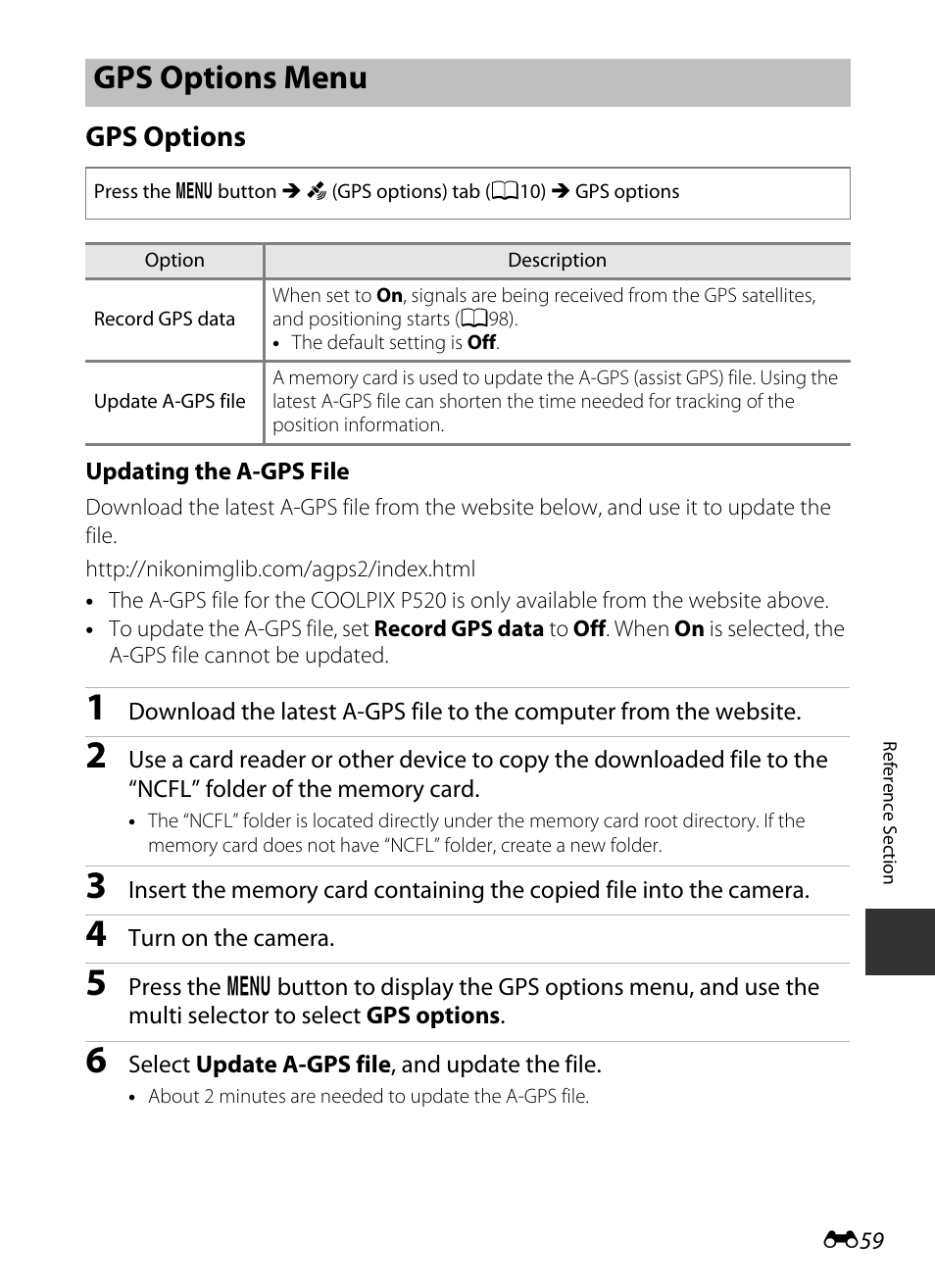 Gps options menu, Gps options | Nikon P520 User Manual | Page 183 / 244