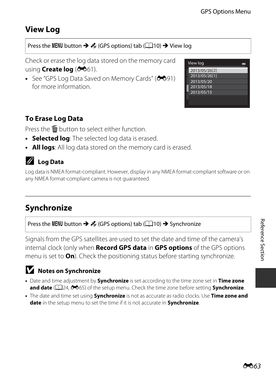 View log, Synchronize, E 63 | Nikon P520 User Manual | Page 187 / 244