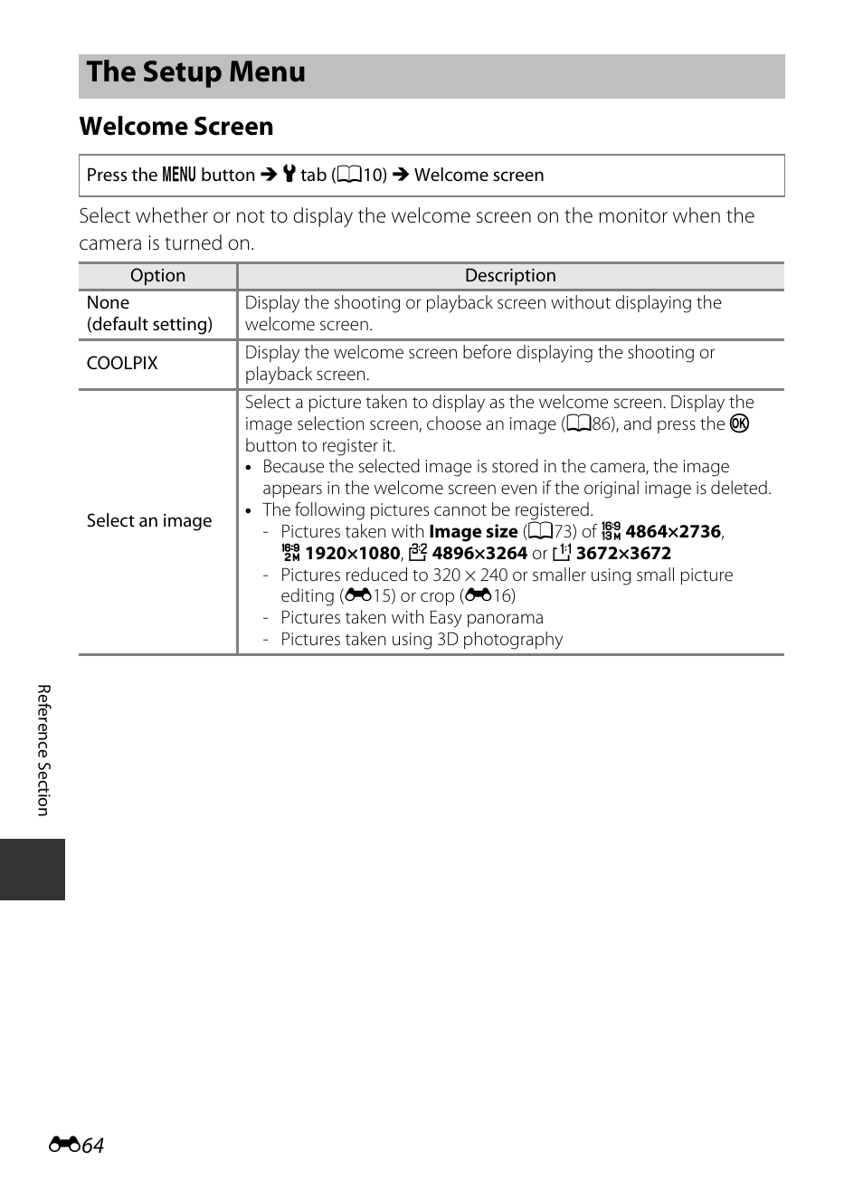 The setup menu, Welcome screen, E64) | E 64 | Nikon P520 User Manual | Page 188 / 244