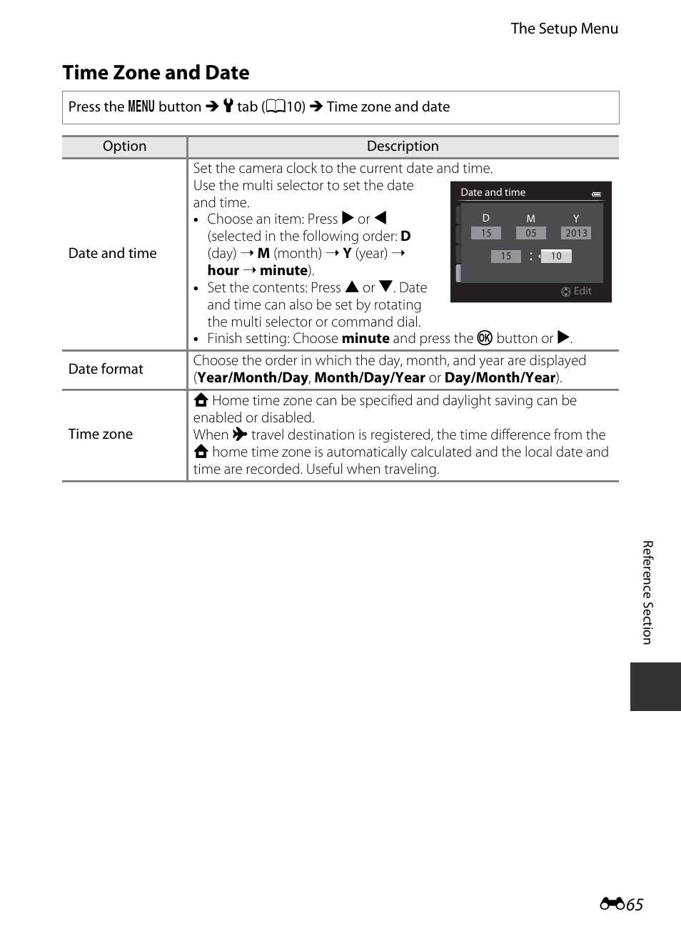 Time zone and date, E65) of the, E 65 | Nikon P520 User Manual | Page 189 / 244