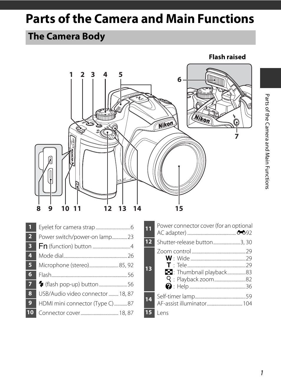 Parts of the camera and main functions, The camera body, A1) for more in | Nikon P520 User Manual | Page 19 / 244