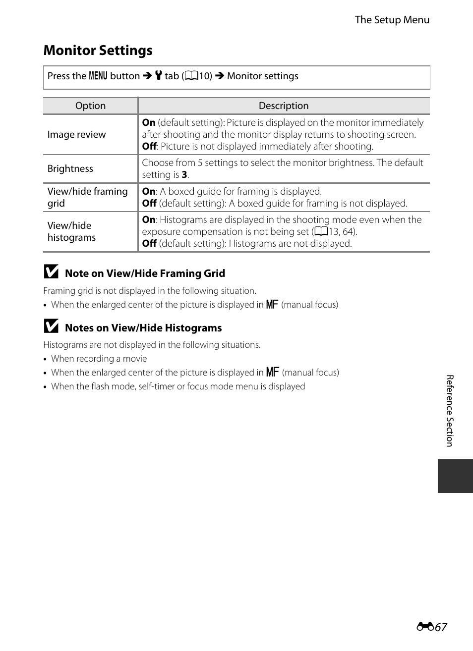 Monitor settings, E 67 | Nikon P520 User Manual | Page 191 / 244