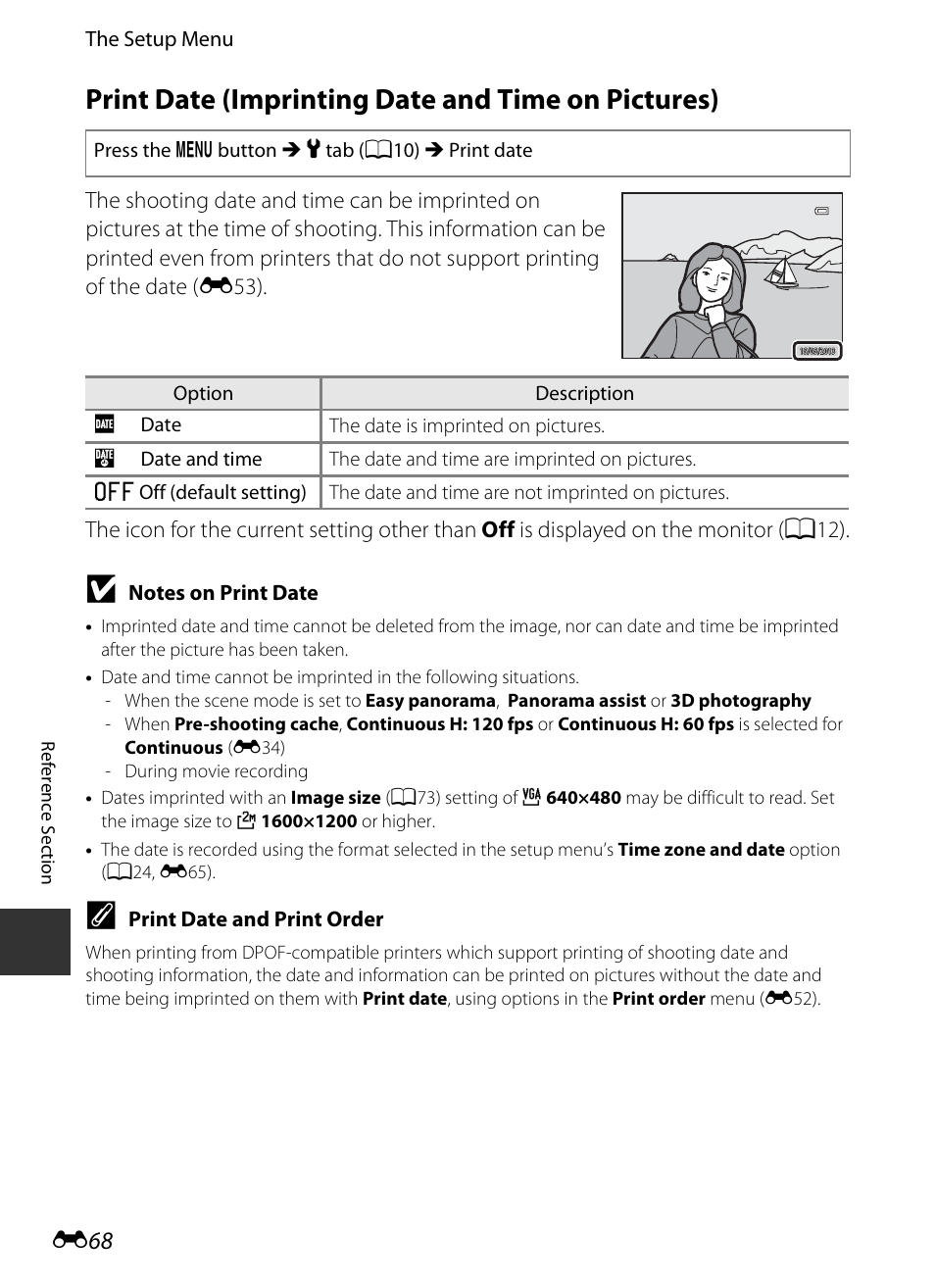 Print date (imprinting date and time on pictures), E68), E 68 | Nikon P520 User Manual | Page 192 / 244