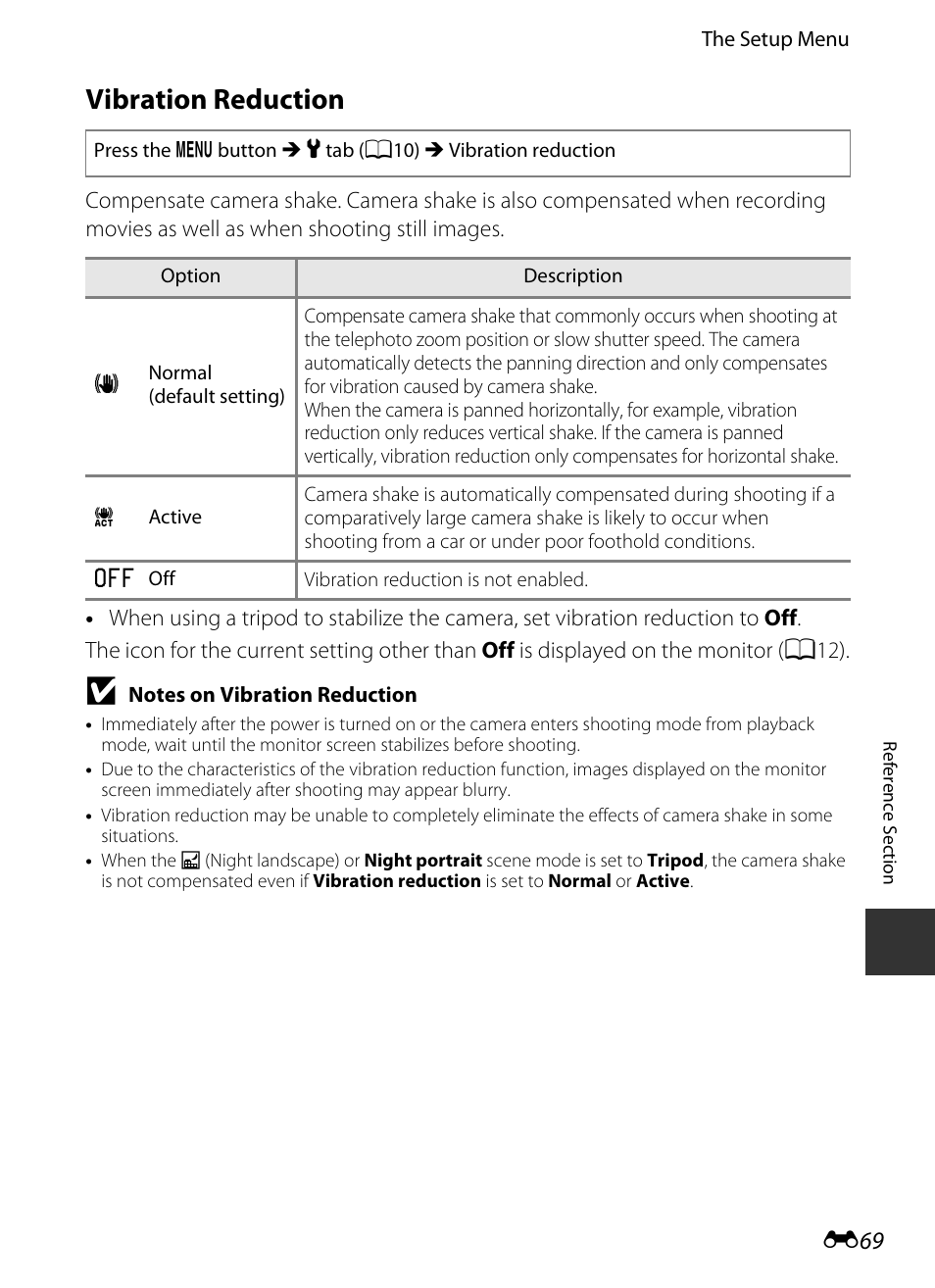 Vibration reduction, 69) to, E 69 | Nikon P520 User Manual | Page 193 / 244