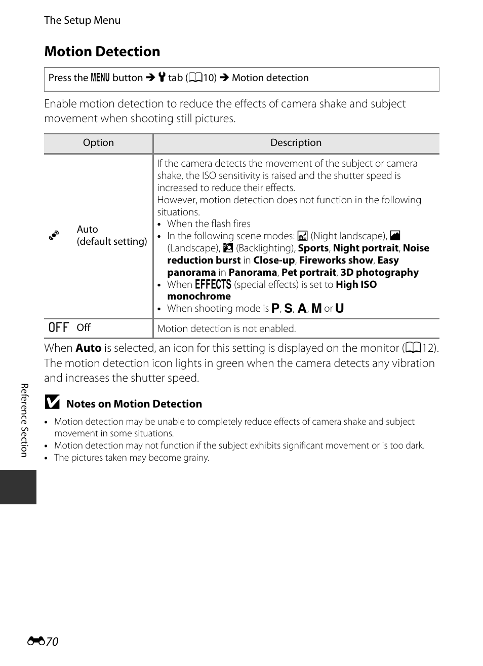 Motion detection, E 70 | Nikon P520 User Manual | Page 194 / 244