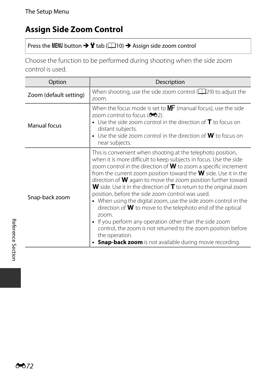 Assign side zoom control, E 72 | Nikon P520 User Manual | Page 196 / 244