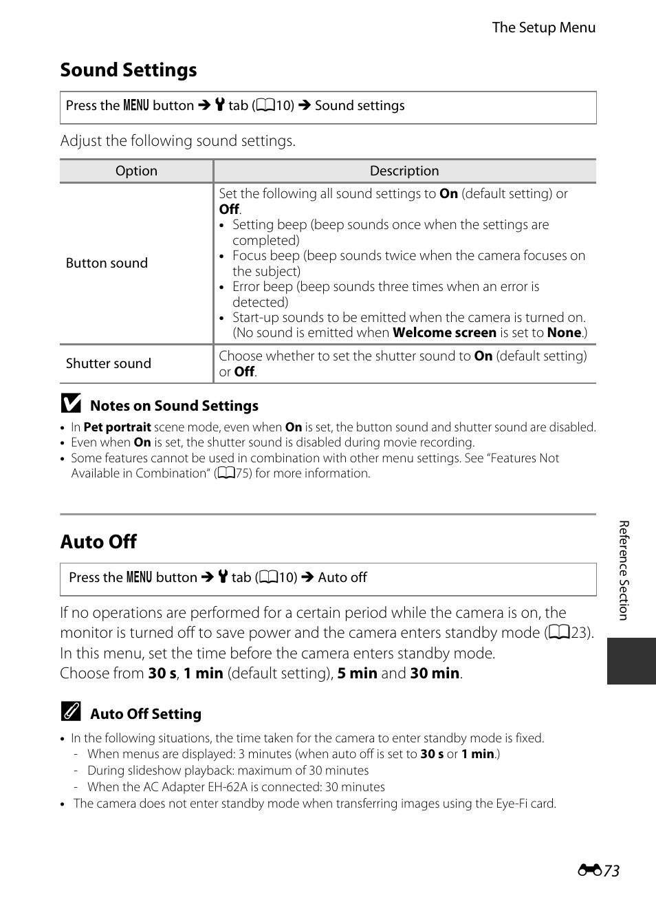 Sound settings, Auto off, E73) trig | E73) is, E73), E 73 | Nikon P520 User Manual | Page 197 / 244